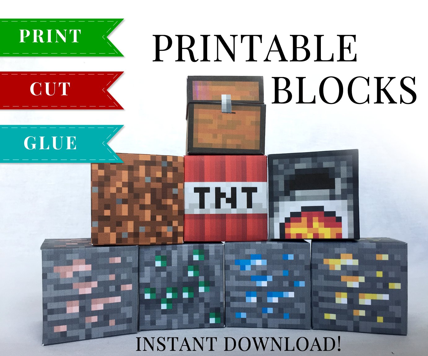 Printable Mine Block, Set of 6, DIY building blocks gifts, kids Halloween  birthday playground party decor, mine craft pixel art printable