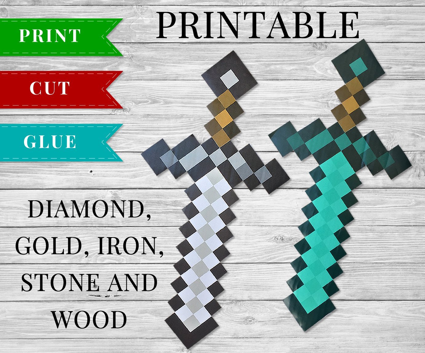 Printable DIY 3D Minecraft Swords - Minecraft Birthday Party Supplies