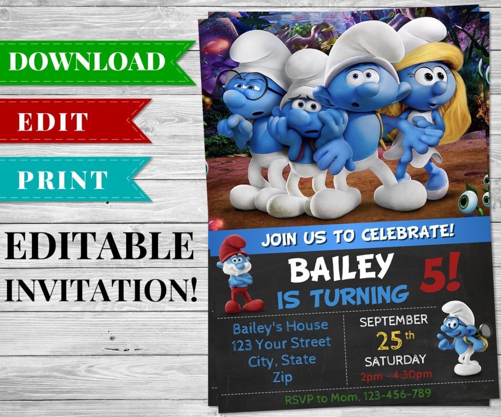 Printable Smurfs Invitation PDF - Printable Birthday Party Supplies